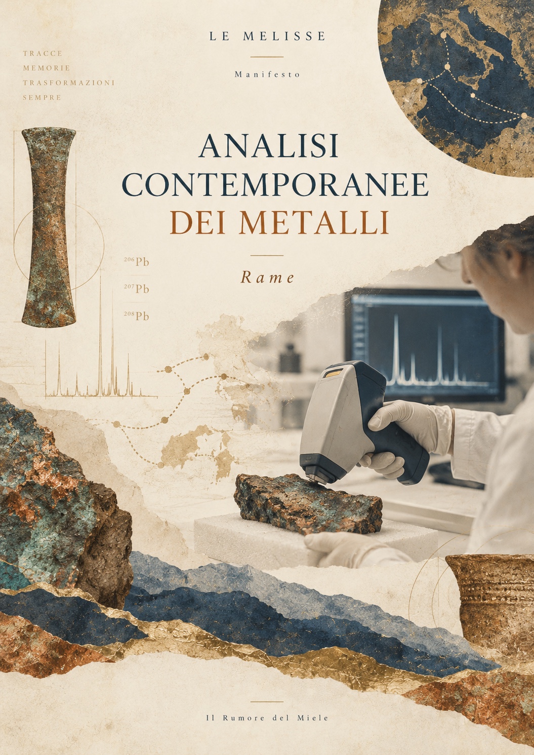 Analisi contemporanee dei metalli · Rame. Un’illustrazione accosta un ricercatore con uno strumento di analisi, un reperto, minerali e mappe.