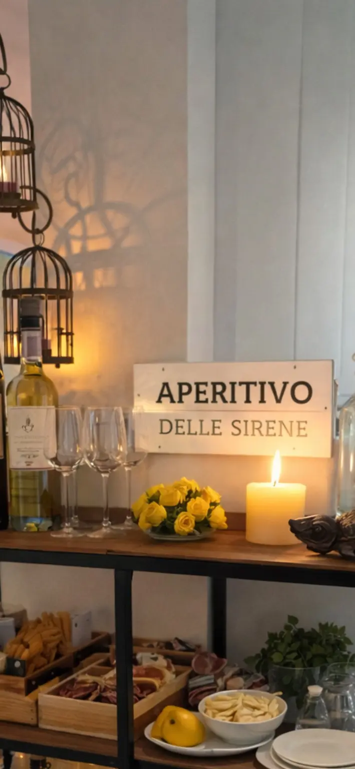 Allestimento dell’Aperitivo delle Sirene con luci calde e materiali