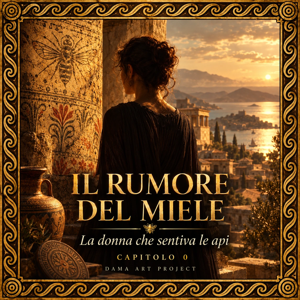 Copertina del Capitolo Zero: una donna di schiena guarda il mare e la città minoica