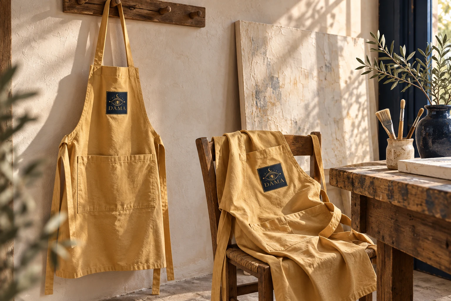 Ambientazione dei grembiuli DAMA color ocra, appesi e appoggiati a una sedia in un atelier luminoso