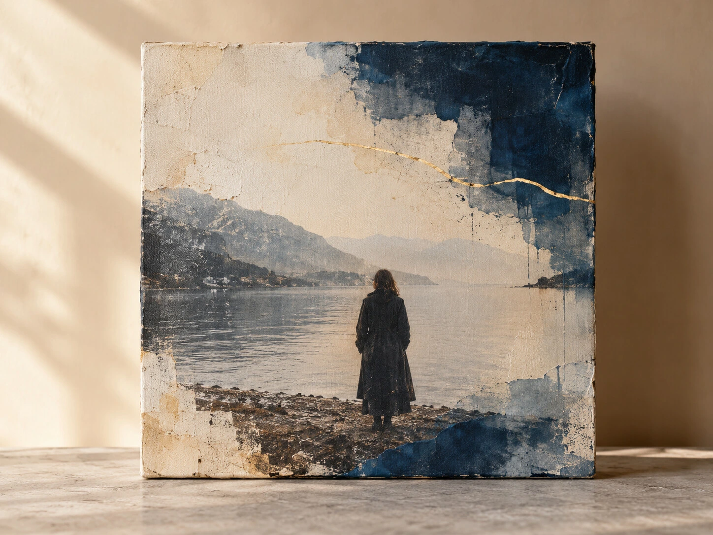 Fotografia di una figura davanti al lago trasformata su tela con colore e materia.