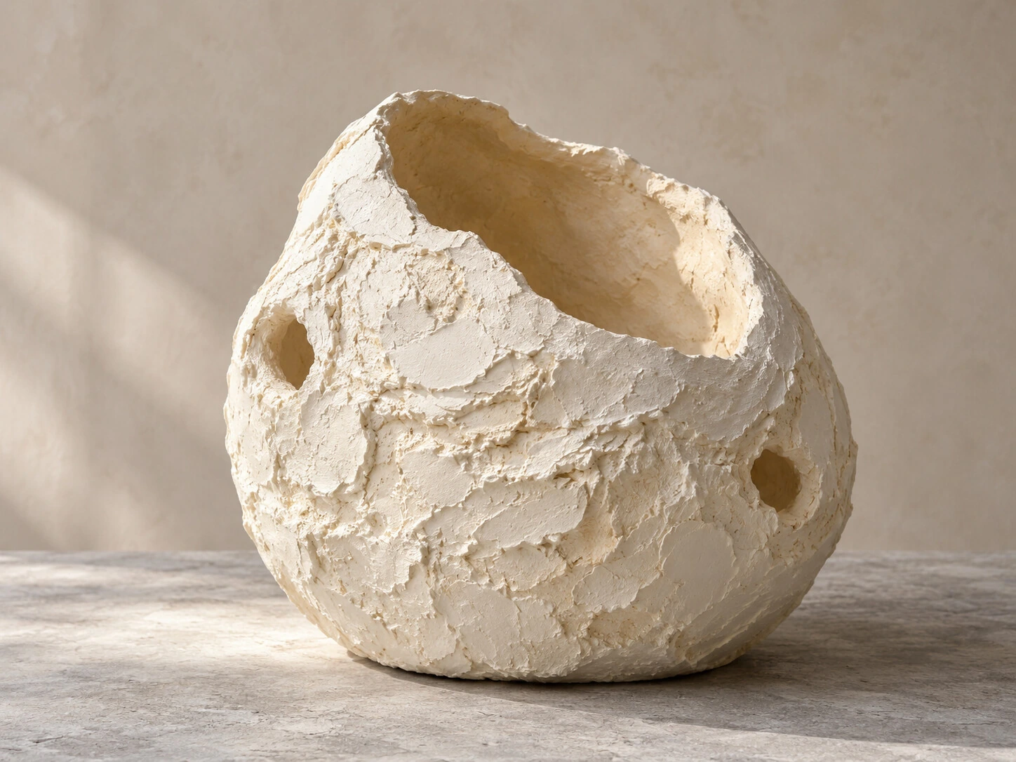 Vaso scultoreo avorio con aperture e superficie materica.