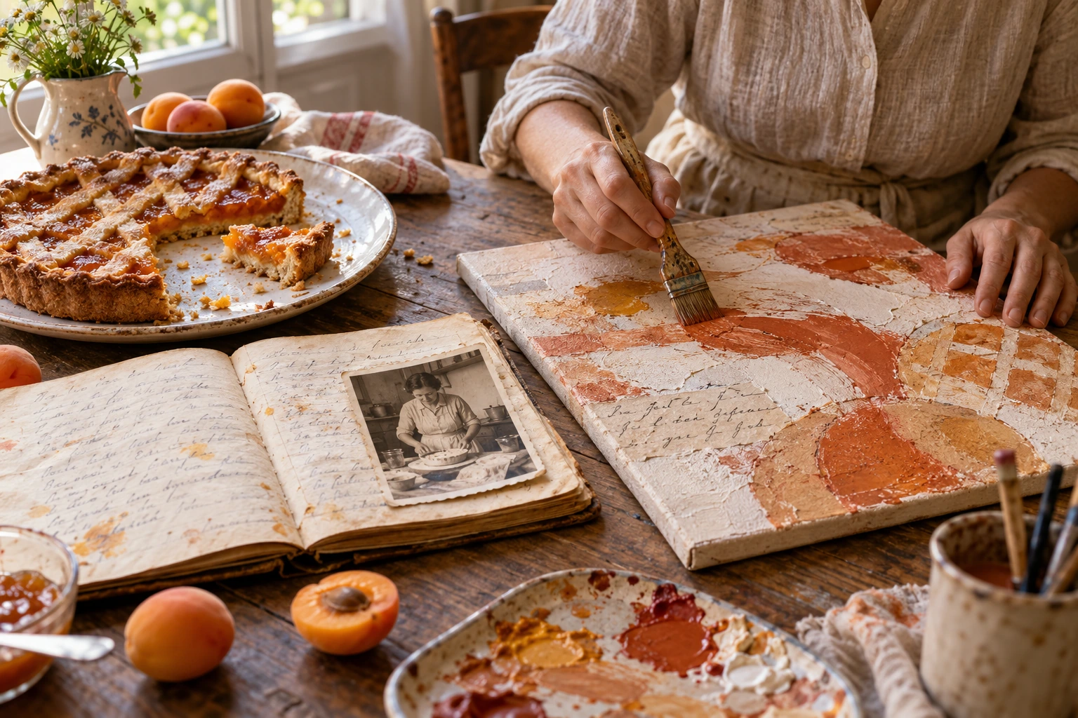 Crostata e ricettario di famiglia accanto a una tela in lavorazione ispirata ai colori del ricordo.