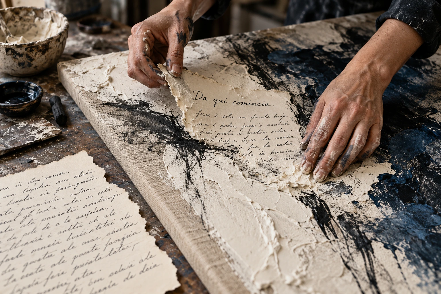 Mani incorporano una pagina manoscritta nella superficie materica di una tela in lavorazione.