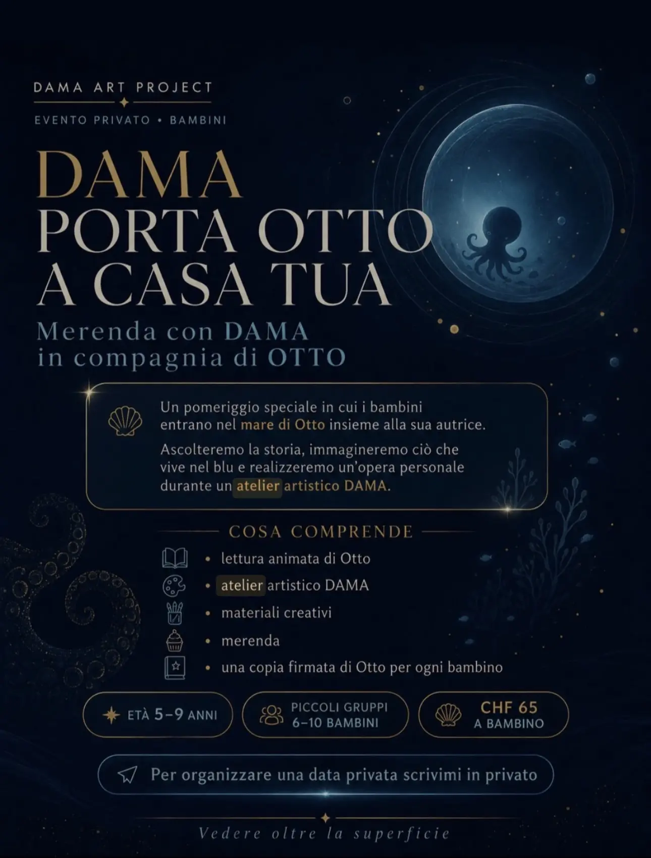 Locandina DAMA porta OTTO a casa tua, evento privato per bambini