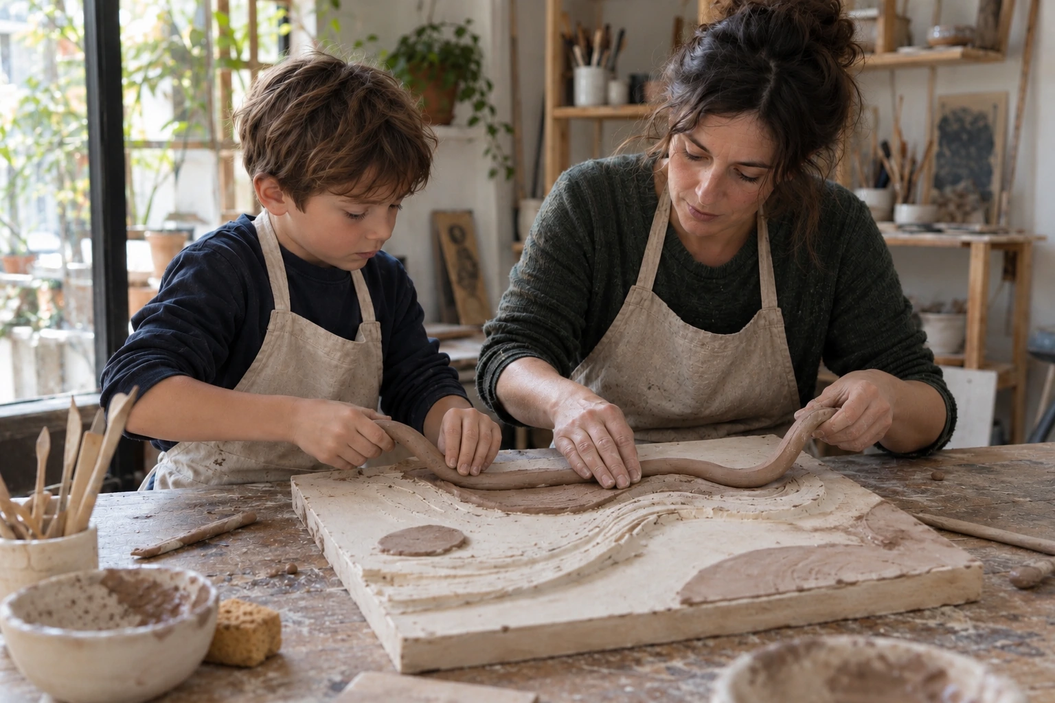 Immagine illustrativa: un adulto e un bambino costruiscono insieme un’opera materica