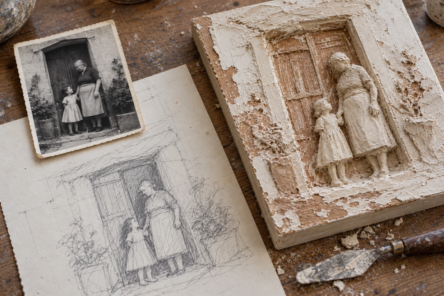Immagine illustrativa: una fotografia di famiglia, un bozzetto e un rilievo materico in lavorazione