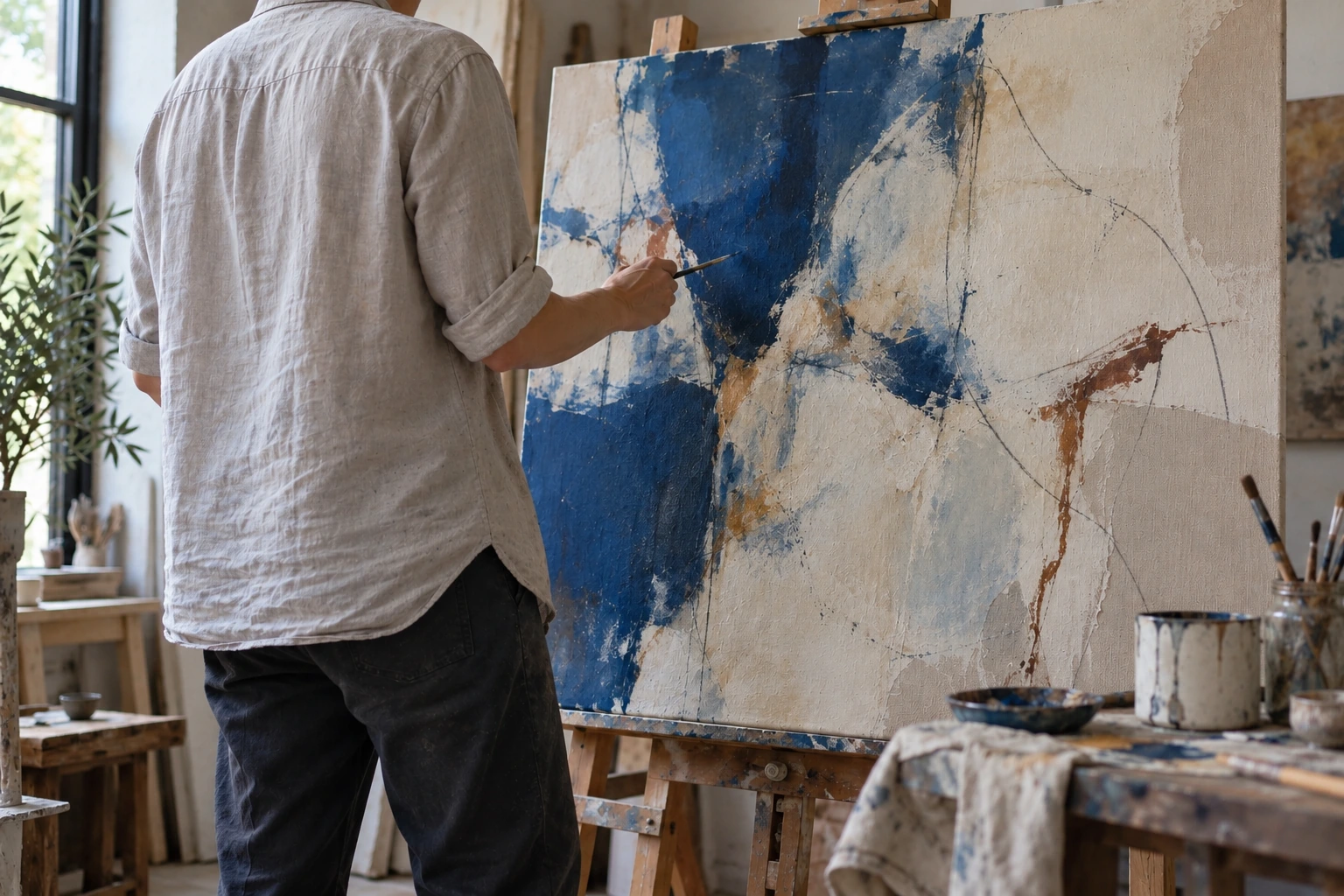 Immagine illustrativa: una persona di spalle lavora a una tela blu e avorio