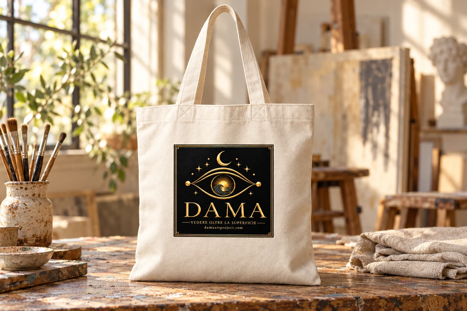 Ambientazione della borsa DAMA in cotone avorio con logo nero e oro, su un tavolo tra pennelli e tele