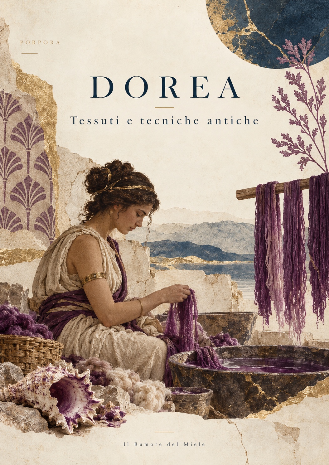 Dorea · Tessuti e tecniche antiche. Una donna lavora fibre color porpora, fra fili, conchiglie e frammenti dorati.