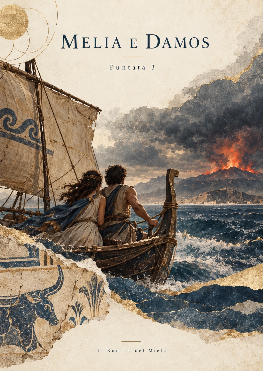 Melia e Damos · Puntata 3. Due figure su una barca attraversano il mare mentre un vulcano erutta, tra frammenti blu e oro.