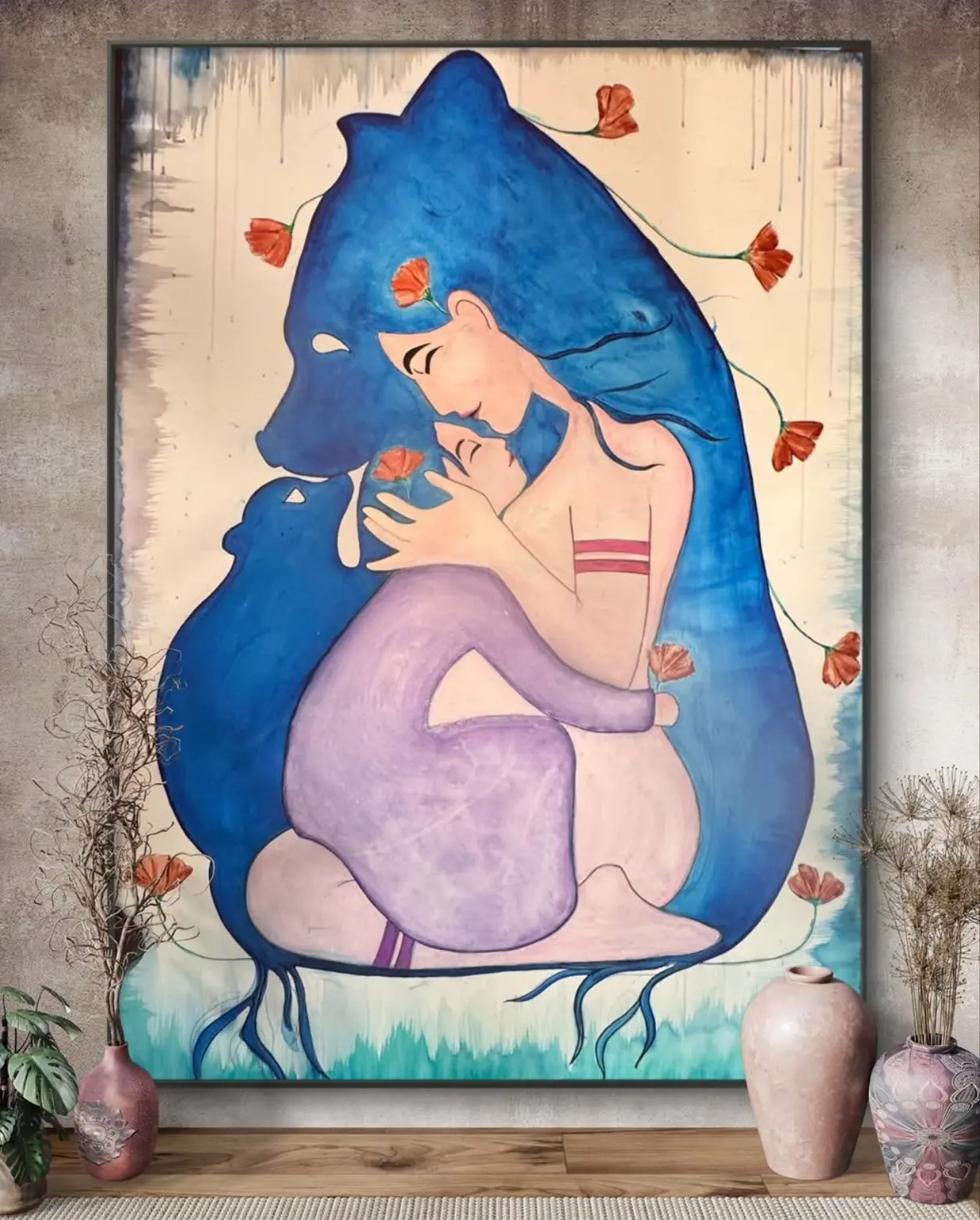 Opera DAMA con una figura materna dai lunghi capelli blu che abbraccia un bambino