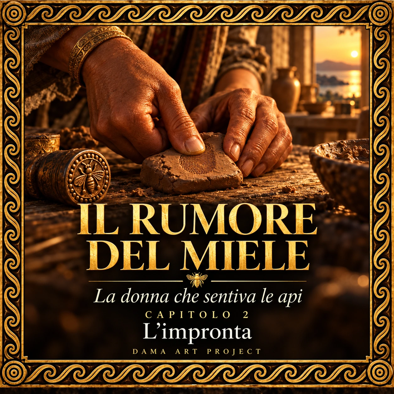 Copertina della Puntata 2, L’impronta: una mano lascia il segno del pollice nell’argilla, dentro una cornice minoica dorata